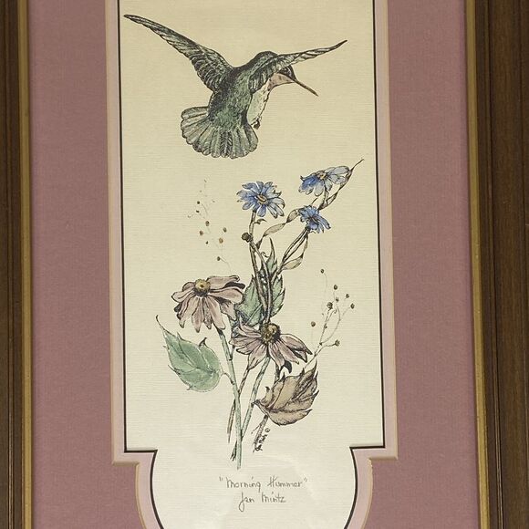 Jan Mintz Pen Ink Watercolor Morning Hummer Flowers Hummingbird Framed Art - Picture 5 of 12